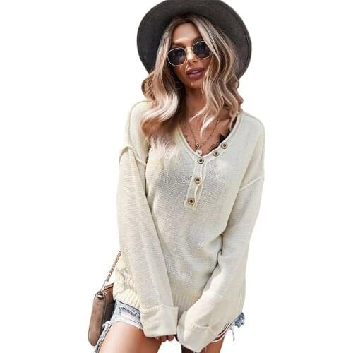 Autumn Women Individual Design Long Sleeve V-Neck Solid Color Sweater With Button Fashion Reverse Wearing Streetwear