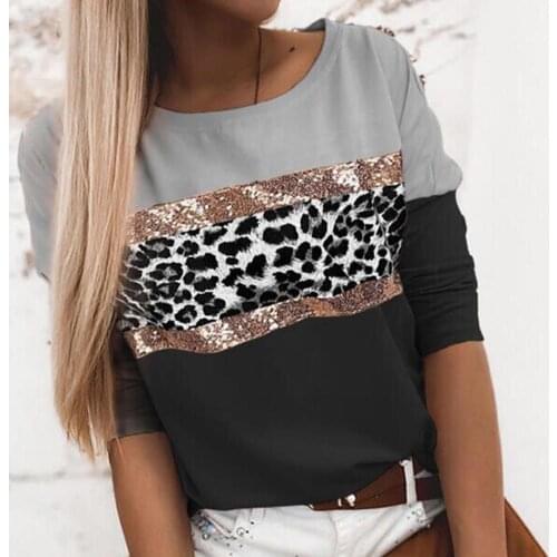 Women Long Sleeve Color Block O Neck Leopard Print Pullover Sweatshirt Blouse Shirt female Plus Size Print clothing fashion 2XL