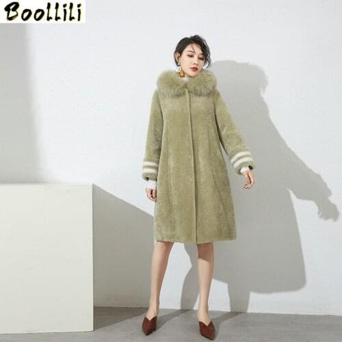 Boollili Autumn Winter Coat Women Clothes 2020 Sheep Shearing Real Fur Coat 100% Wool Jacket Women Fox Fur Collar Fur Tops
