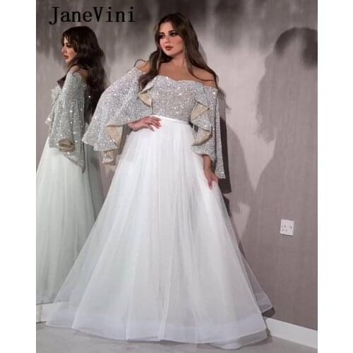 JaneVini Glitter Sequins Dubai Arabic Evening Dresses Long Plus Size Off the Shoulder Long Sleeve White Tulle Formal Party Gowns