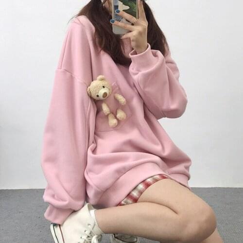 Winter Women Hoodie Pullover Sweet Hooded Bear Harajuku Loose Long Hoodies Female Sweatshirt BF Style Cute Hoodie Kawaii Clothes