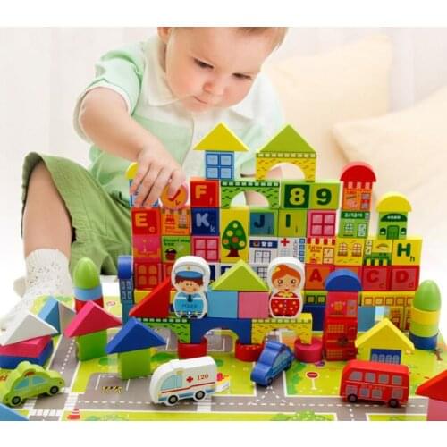 160pcs Original Classic Big Building Wooden Blocks City Traffic Figure Kids Educational Learning Toys with Childrens Day Gift