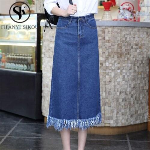 2020 Summer Women Plus Size Blue Denim Skirt Fashion Tassel Pocket High Waist Long Skirts Female Loose Casual A-Line Jeans Skirt