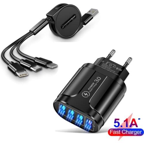 3 IN 1 Retractable Phone Charger Cable Type-C Micro USB For Phone 5V 5A Phone Charger Adapter Universal QC3.0 4USB Port Charging