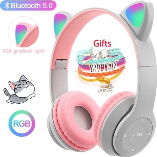 Wireless Headphones Cat Ear with Mic Bluetooth Cool Glow Light Stereo Bass Helmets Kids Gamer Girl Gifts PC Phone Gaming Headset