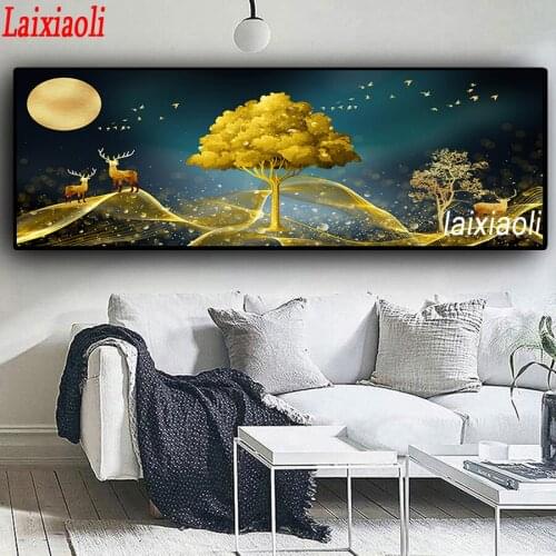 Large decor Natural Abstract Gold money Tree and Deer scenery Diamond Painting Diamond embroidery full square round mosaic icons