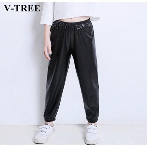PU Girls Pants Spring Autumn Loose Pants For Kids Casual Elastic Childrens Trousers Leather Teenager Pants Baby Leggings