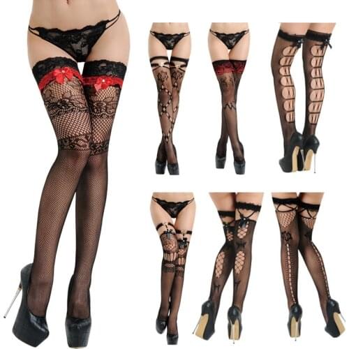 Sexy Womens Hosiery Lace Top Stay Up Thigh High Stockings Ladies Hollow Out Mesh Nets Lace Fishnet Stockings Fashion Stockings