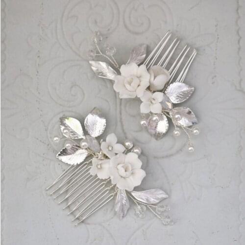 Floralbride Handmade Ins Style Pearls Ceram Flower Bridal Hair Comb Wedding Headdress Hair Accessory Bridesmaids Women Jewelry