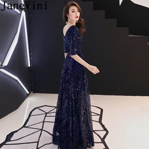 JaneVini Elegant Black Prom Dresses With Half Sleeves Shiny Sequins Evening Gowns Navy Blue Long Brugundy Ladies Party Wear 2019