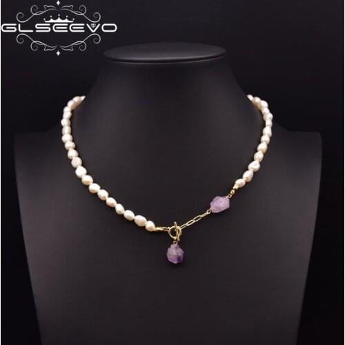 GLSEEVO Natural Freshwater Pearl Adjustable Amethyst Necklace Womens Wedding Sweater Chain Luxury Jewelry GN0296