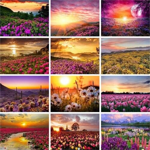 Huacan Diamond Art Painting 5D Landscape Full Square Diamond Embroidery Sunset Mosaic Flower Needlework Picture Home Decor