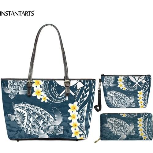 INSTANTARTS Hawaii Turtle Swim with Plumeria Print Women PU Leather Bag Big Top-Handle Bags with Makeup Case Purse 3pcs Set Lady