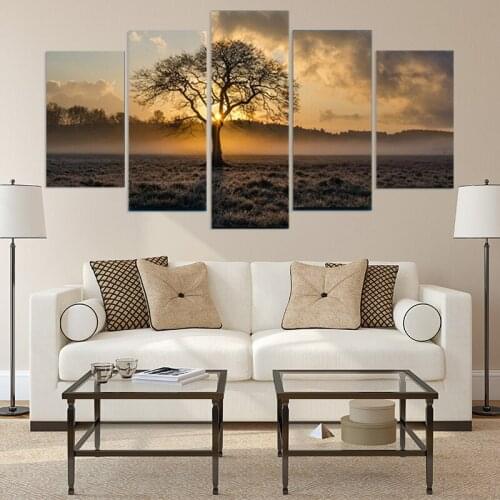 Canvas Painting Vintage Wall Art Frame Printed Pictures 5 Panel Poster Sunrise Tree Landscape Photo For Living Room Decor