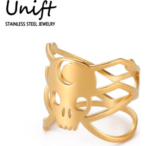Unift Crescent Moon Skull Rings Sands Of Time Stainless Steel Finger Ring Punk Fashion Womens Accessories Wedding Party Gift