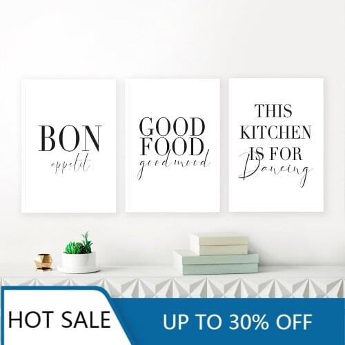 Minimalist Good Food Good Mood Bon Quotes Wall Art Canvas Painting Poster Black White Print Wall Pictures Kitchen Room Decor