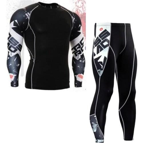 Fashion Men Compression Set Base Layer Skin-Tight MMA Workout Fitness Male Clothing Set Long Sleeve Suit Top Skin Tight Leggings
