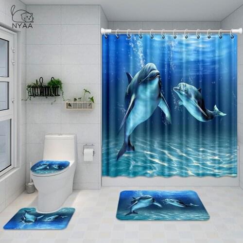 NYAA Dolphin Deep Sea Polyester Shower Curtain Bathroom Waterproof With 12 Hooks Pedestal Rug Lid Toilet Cover Bath Mat Set