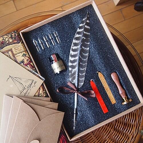 New Nature Feather Calligraphy Handwriting Dip Pen Set with 2 Wax Seals 1 Stamper 1 Ink 5 Nibs