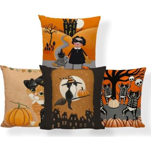 Horror Fun Pillowcase Cat Pumpkin Skull Forest Cartoon Throw Pillow Home Decoration Sofa Polyester Linen 45*45Cm Cushion Cover