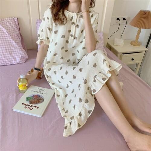 Bear Print Summer Nightgown Women Cartoon O-Neck Korean Soft Cotton Long Sleepwear Short Sleeve Kawaii Home Clothes Sweet