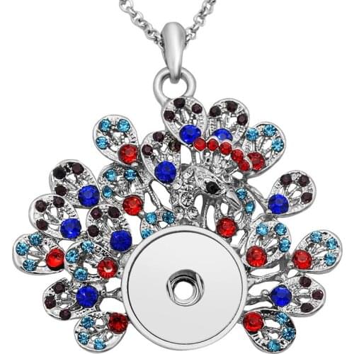 New Fashion Colorful rhinestone peacock pendant snap necklace fit 18mm snap buttons snap jewelry XL0132