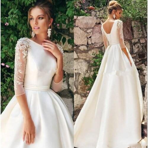 New Backless Wedding Dress Crew Neck Satin Applique Pearls One line Sweep train Wedding gown Robes De Maria