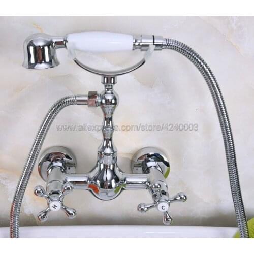 Polished Chrome Bath Faucets Wall Mounted Bathroom Basin Mixer Tap Crane With Hand Shower Head Bath & Shower Faucet Kna191