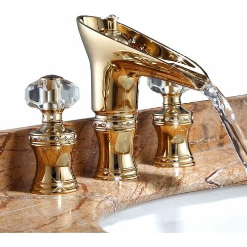 Luxury crystal dual handle solid brass copper golden Basin faucet Gold Bathroom cabinet Hot and cold water Waterfall faucet tap