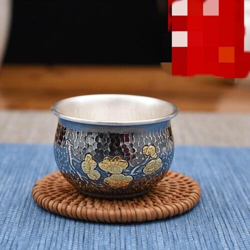 Fine silver Cup Silver Handmade Teaware Bright Old Hammered Gold-plated Plum Blossom Cup Tea Cup