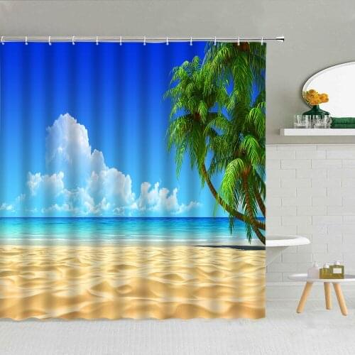 Green Tropical Plants Shower Curtain Sea View Beach Bath Screen Fabric Bathroom Supplies With Hooks Cloth Curtains Indoor Decor
