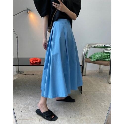 Womens Pleated Skirt Korean Fashion Summer Midi Skirt Solid Long Skirt Women Zipper High-Waisted Skirt Ladies White Casual