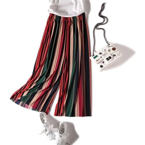 Sanishroly Women Striped Wide Leg Pants Summer Elastic High Waist Chiffon Pants Female Thin Ankle-Length Pleated Trousers SE534