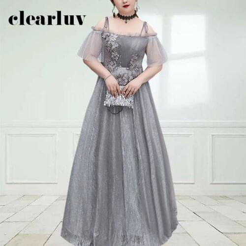 Sexy Spaghetti Strap Evening Dresses DR1012 Luxury Appliques Grey Evening Gowns For Women Boat Neck Long Robe De Soiree