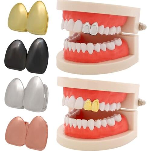 Men Double Caps Gold Silver Color Teeth Grillz Canine Plain Two Right Top Grills Single Tooth Caps Party Fashion Jewelry