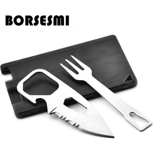 Hot sale multi-function tools card pocket knife fork camping cutlery kit 8 in 1 Portable survival knives Mini credit card