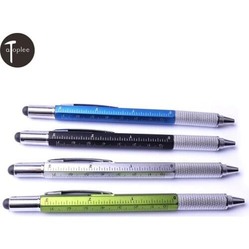 Hot 4Pcs 6 in 1 Multi-Functional 4 Color Tool Touch Pen Ball-Point Pen Flate-Head and Phillips Screwdriver Bites Spirit Leve Pen