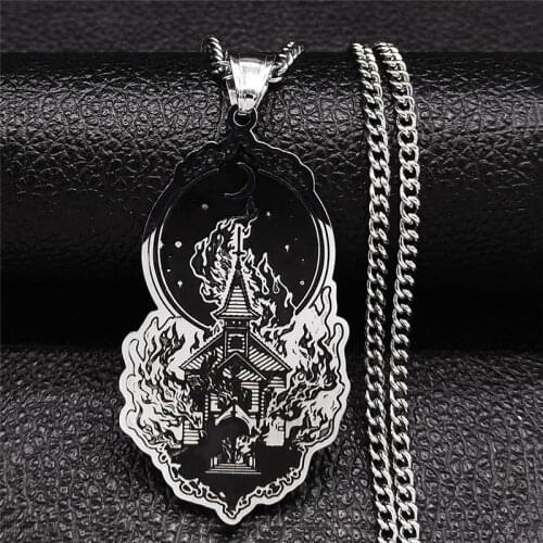 Stainless Steel Necklace Witchcraft Fire House Women/Men Silver Color Long Statement Necklace Jewelry collar N4079S03