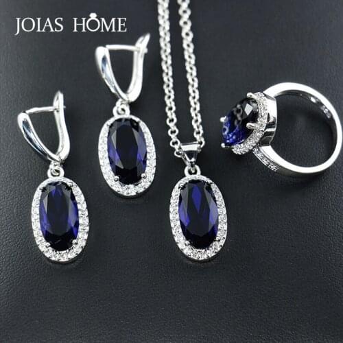JoiasHome 925 Sterling Silver Jewelry Oval Sapphire Ring Earring Jewelry European and American Bridal Set