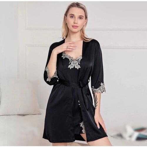 2PCS Robe Sets Women Strap Top Nightgown Kimono Loose Home Wear Half Sleeve Bath Nightdress 2021 Summer Lace Floral Sleepwear