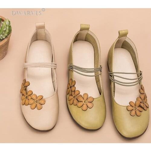 Handmade Leather Flat Mary Jane Shoes For Womens Flowers Round Toe Apricot/Green