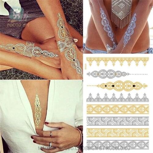 Metallic Gold Silver Body Art Temporary Tattoo Sexy Flash Tattoos Sticker For Women Tattoos Paper VT333