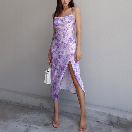 Missnight Floral Satin Midi Long Dress High Split Backless Sexy Dress Spaghetti Strap Cross Back Woman Dress Elegant Vestidos