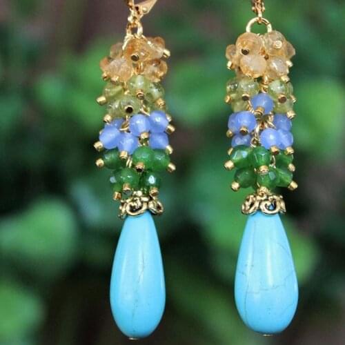 Multi Gemstone Cluster Earring.Blue Turquoise.Citrine.Peridot.Aqua.Emerald.Jade