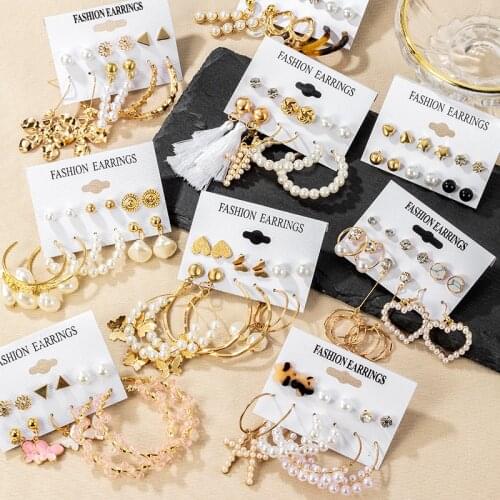 Fashion Pearl Hoop Tassel Earrings Sets For Women New Geometirc Statement Gold Metal Hanging Earrings 2021 Trend Wedding Jewelry