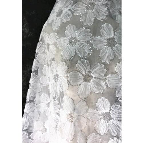 3D Big Flower Lace Fabric, Sequined Flower Fabric, Off White Lace Fabric, Wedding Fabric By Yard