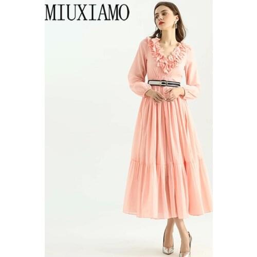 MIUXIMAO 2020 Fall Dress Newest Cute Pink 3D Flower Ruffles Long Sleeve Elegant Casual Dress Women Vestidos With Belt