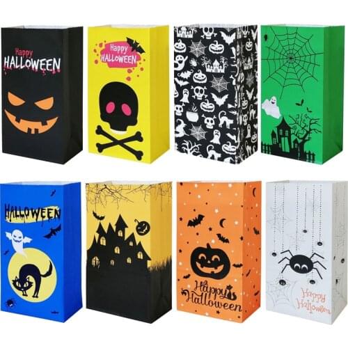 5Pcs Halloween Color Kraft Paper Bag Food Bag Pumpkin Spider Ghost Castle Black Cat Cartoon Pattern Party Gift Packaging
