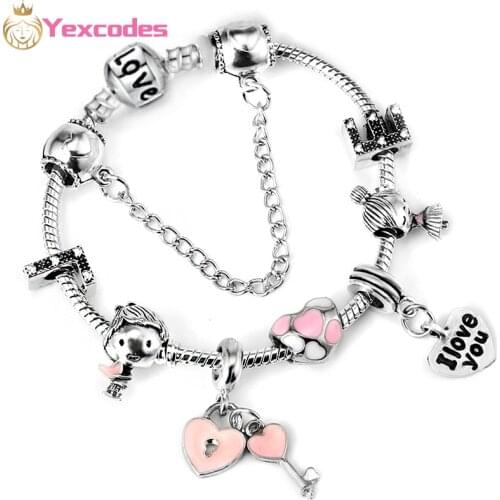 Couple Boys Girls Pendants Silver Plated Bracelets Women DIY Fine Baby Bangles Women Pulseira Jewelry Girlfriend Bracelets Gifts