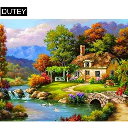 Full Square/Round Drill 5D DIY Diamond Painting"Riverside Cottage"3D Diamond Embroidery Cross Stitch Mosaic Home Decor Gift JCC